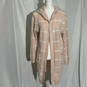 Emma‘s Expressions Cardigan Sweater Pink with White Stripes Hooded Womens Medium